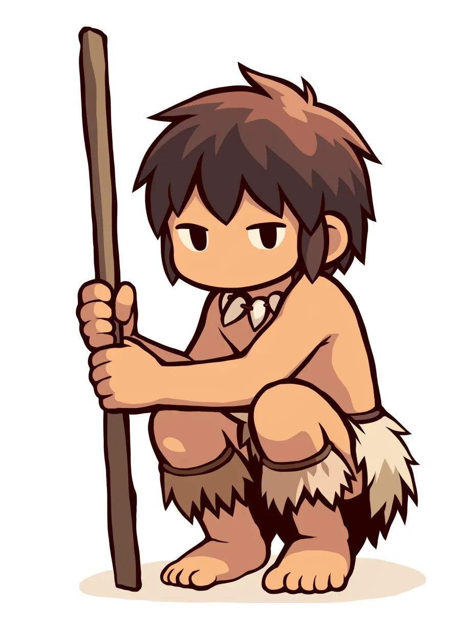 原始人・しゃがむちびキャラ｜棒を手にじっと佇む姿がかわいらしい。ミニキャラ風のディフォルメ表現ながらも、毛皮の腰巻きや髪型で原始人らしさをしっかりと押さえたデザイン。