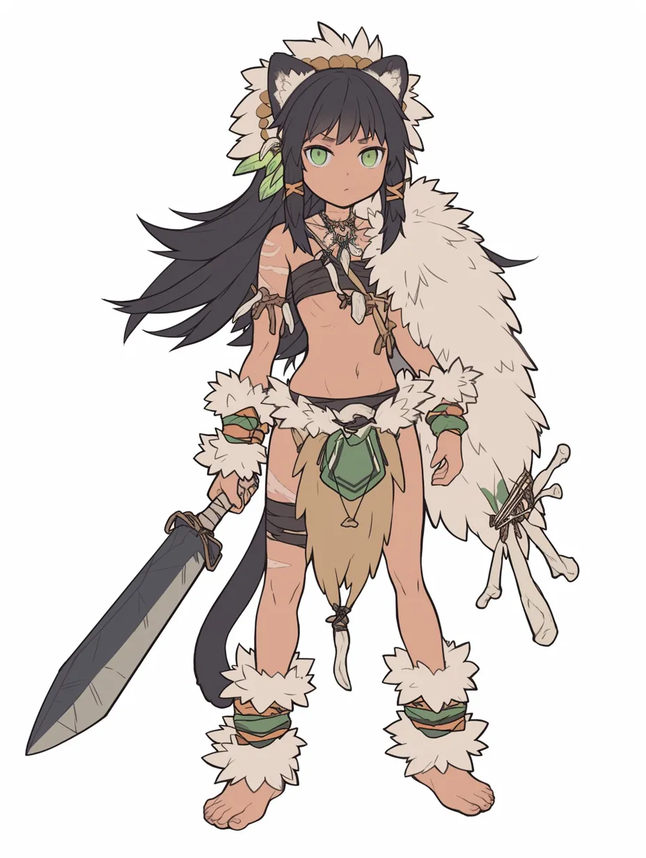 原始人・耳付き戦士少女｜獣耳風の飾りが目を引くファンタジー系原始人。骨や羽を取り入れた装飾と鋭い眼差しが、戦士としての覚悟と部族的な要素を融合させたスタイル。