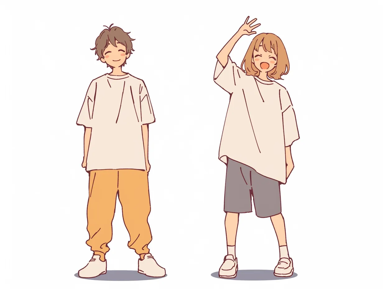 手を振る少年少女カップル｜ゆったりとした服を着た二人が手を振るシーンが穏やかな雰囲気を醸し出すイラスト。日常の一コマから少年少女カップルの自然体で温かい関係が感じられます。