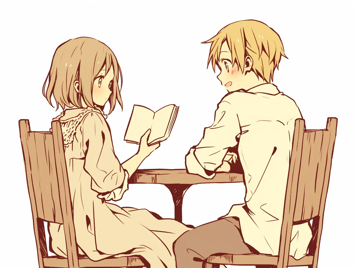 本を読む少年少女カップル｜机を挟んで向かい合う二人の穏やかな時間が流れる一枚。落ち着いた配色と線画が、読書を通じて心通わせる少年少女カップルの静かなぬくもりを丁寧に表しています。