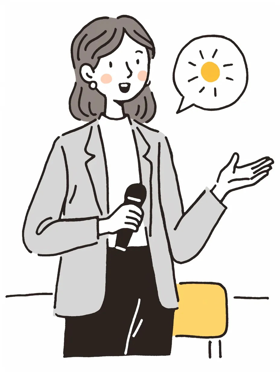 説得する女性スピーカー｜落ち着いた色調で描かれたイラストは、プロフェッショナルな印象を与えます。女性がマイクを手に聴衆に語りかける姿が、説得を穏やかで理知的な方法で行う様子を表現しています。