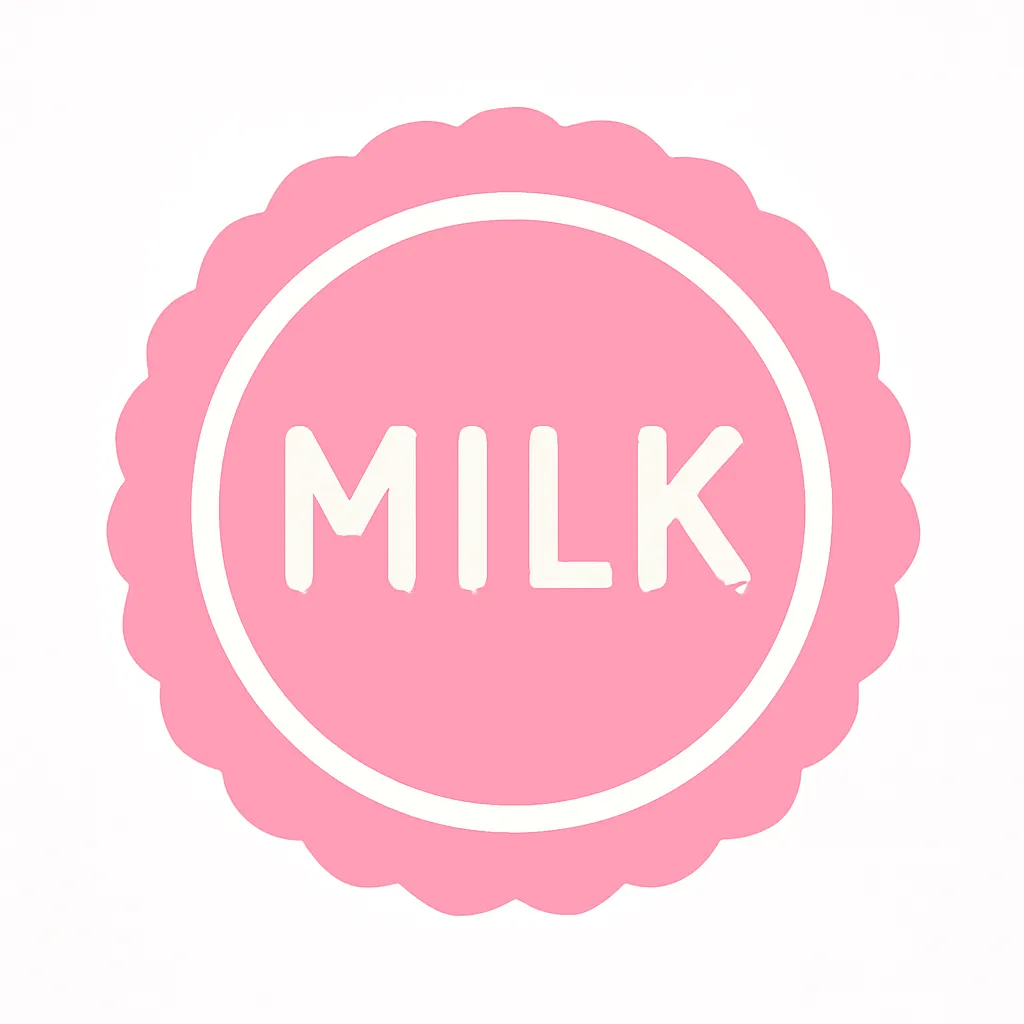 ピンクかわいいアイコン　ミルクラベルのデザイン｜ピンクのラウンド型に白文字でMILKと描かれたかわいいアイコン。レトロで優しい印象があり、カフェやスイーツ関連のデザインにもぴったりです。