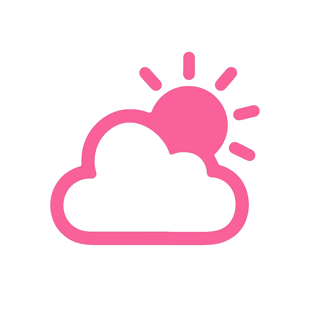 ピンクかわいい天気のアイコン｜雲と太陽を組み合わせた、晴れ間のある天気を表すピクトグラムです。気象情報や天気予報、季節の案内などに使いやすく、フラットなデザインで視認性も抜群。ピンクのトーンでやさしく仕上げています。