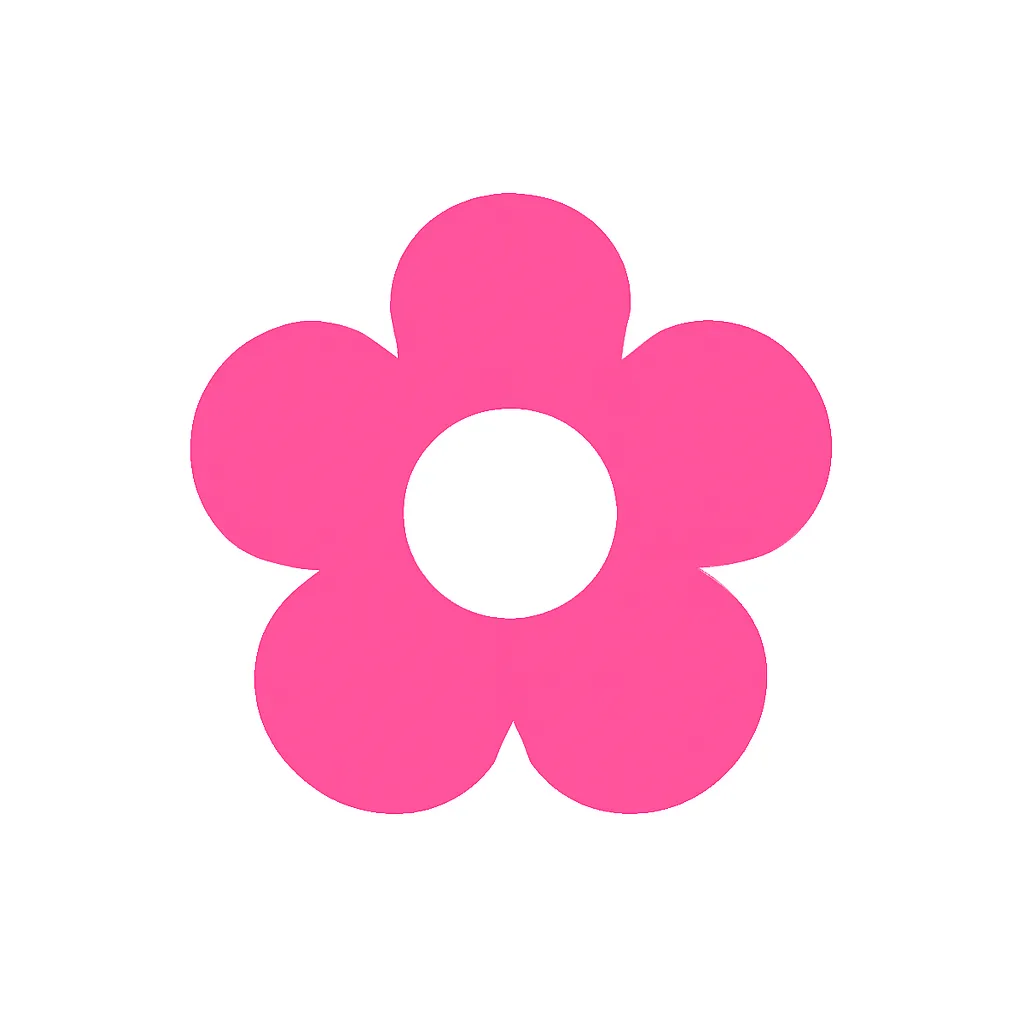 ピンクかわいい花のアイコン｜丸みを帯びた花びらを放射状に並べた、親しみやすい花のピクトグラムです。春・自然・装飾などの表現に活用しやすく、記号的で可愛らしい印象に仕上げています。ピンク単色でやわらかく表現。
