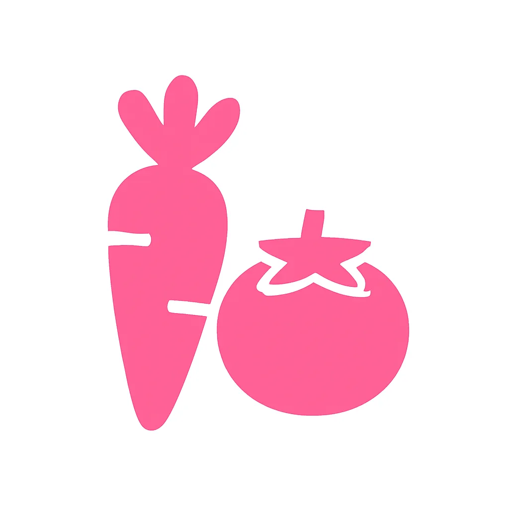 ピンクかわいい野菜のアイコン｜野菜の代表的なシルエット（例：にんじんやトマト）を記号的に表したピクトグラムです。食育や農業、食材の案内表示などにも活用しやすく、ピンクトーンでかわいらしくまとめています。