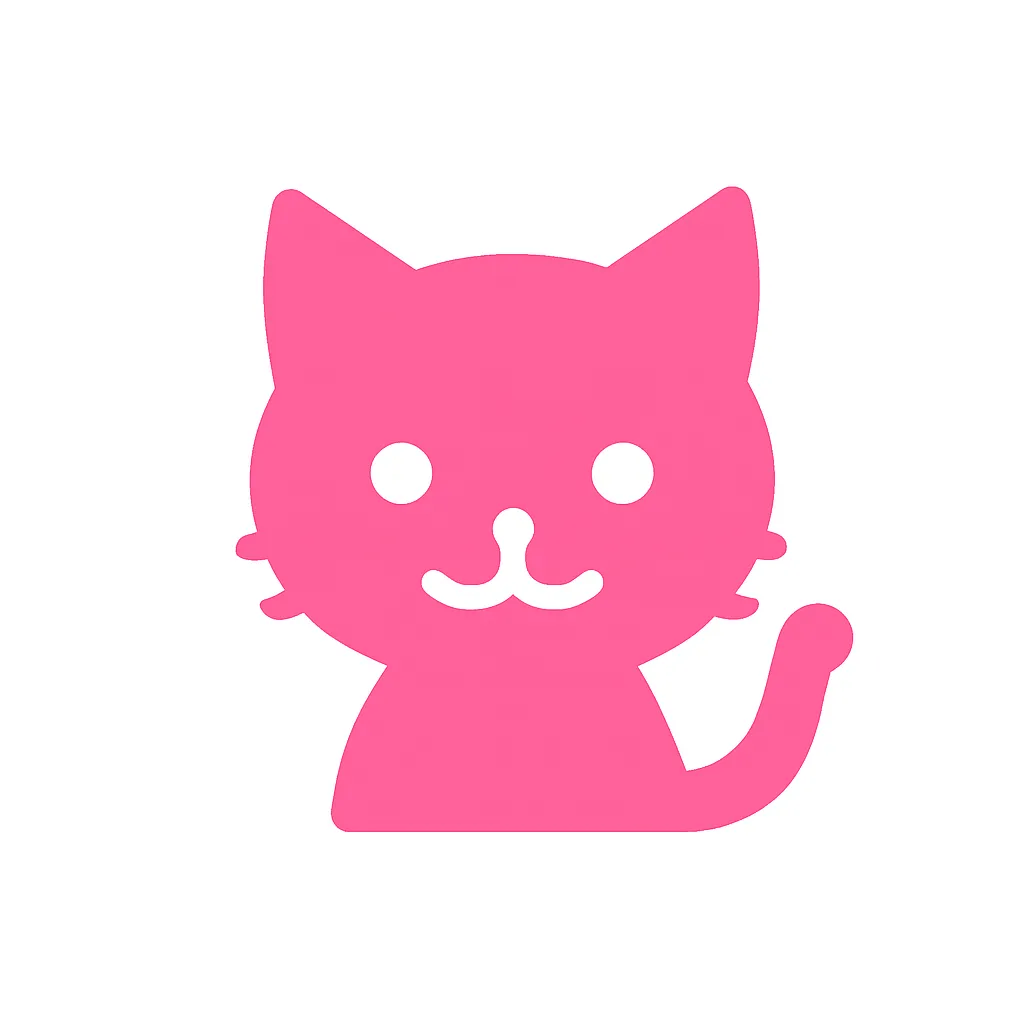ピンクかわいいねこのアイコン｜猫耳と顔の輪郭をベースにした、ねこを象徴するかわいらしいピクトグラムです。しっぽや丸い顔などの特徴がわかりやすく表現され、親しみやすさと視認性を両立しています。
