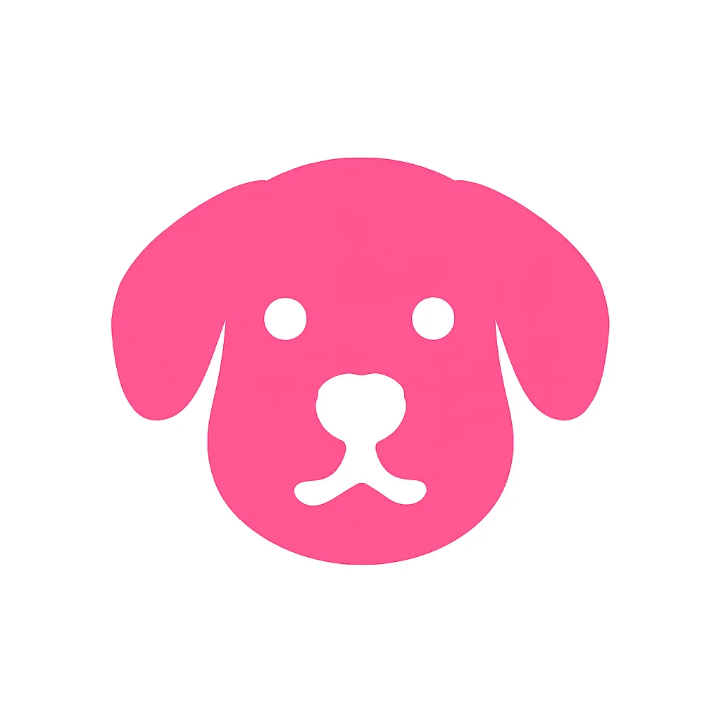 ピンクかわいい犬のアイコン｜犬の顔とたれ耳を記号的にデザインした、わかりやすいピクトグラムです。シンプルながらも犬らしさがしっかり伝わり、ペット関連の案内や表示にも適した汎用性の高い構成です。