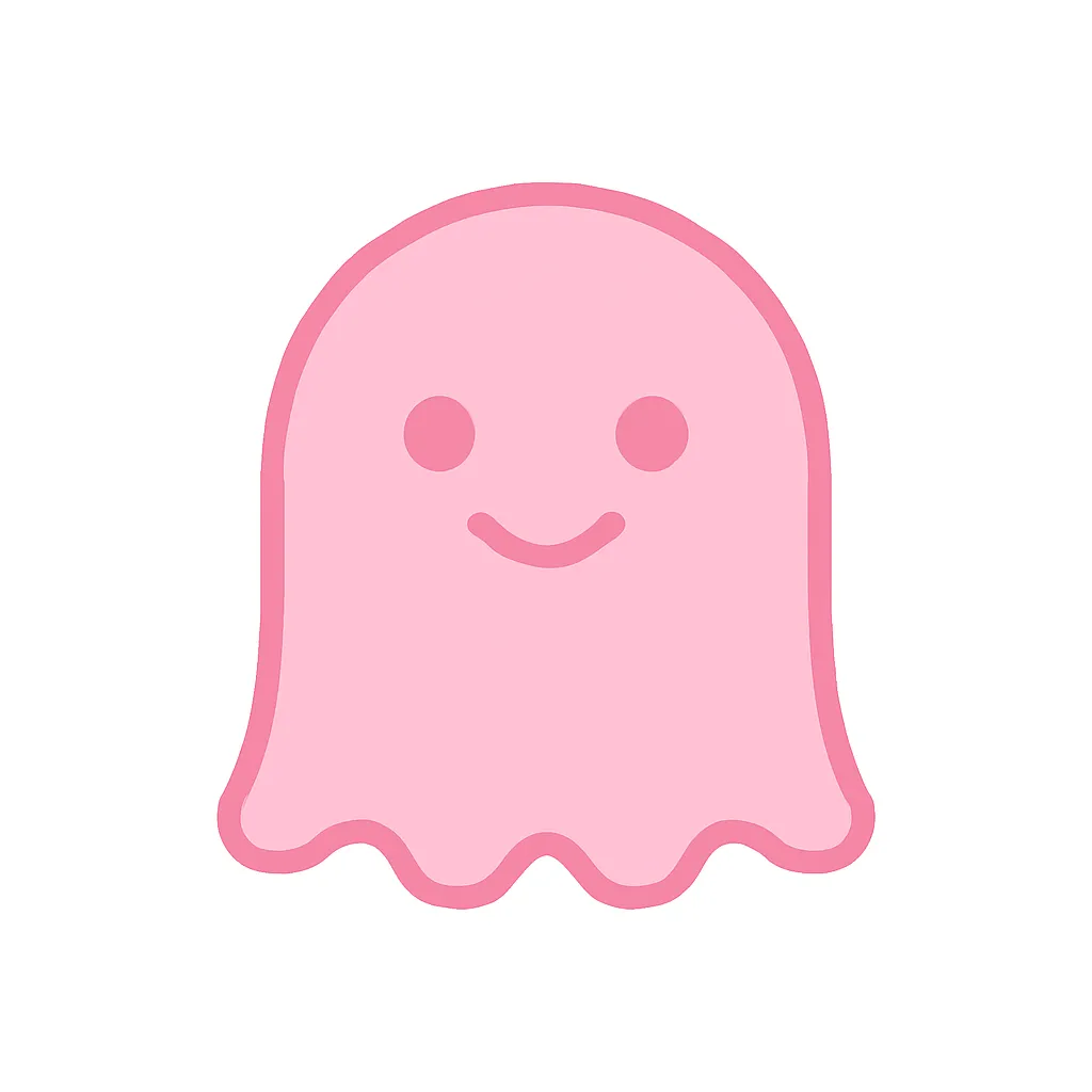 ピンクかわいいゴーストアイコン｜おばけの定番シルエットをやさしいピンクで仕上げたミニマルなアイコン。波打つ下部のフォルムと、にっこりした表情が親しみやすく、ポップで怖すぎない印象が女性向けデザインにもぴったりです。