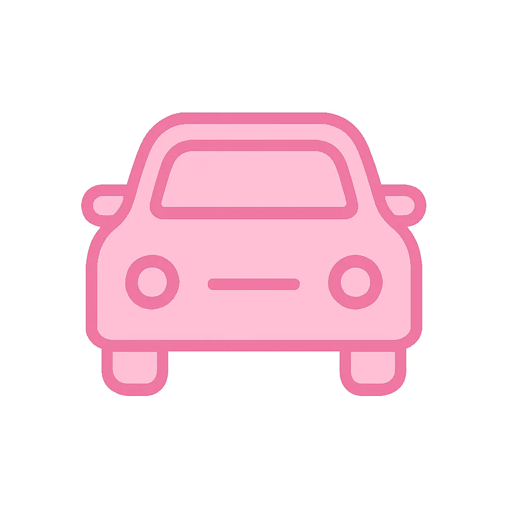 ピンクかわいい車アイコン（ピクトグラム風）｜ピクトグラム風に簡略化した車のフォルムをピンク系で描いた視認性の高いアイコン。フロントビューをベースにし、情報伝達やUIなどに使いやすい上品でフラットなデザインです。