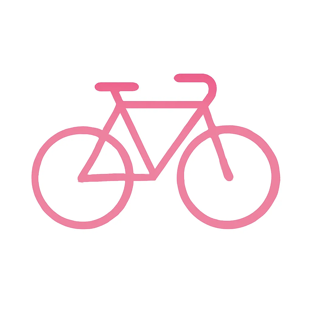 ピンクかわいい自転車アイコン（ピクトグラム風）｜車輪とフレームをシンプルな構成で表現したピンクの自転車アイコン。ミニマルで軽やかな印象があり、移動やアクティブさを表すサインやアプリUIにぴったりです。