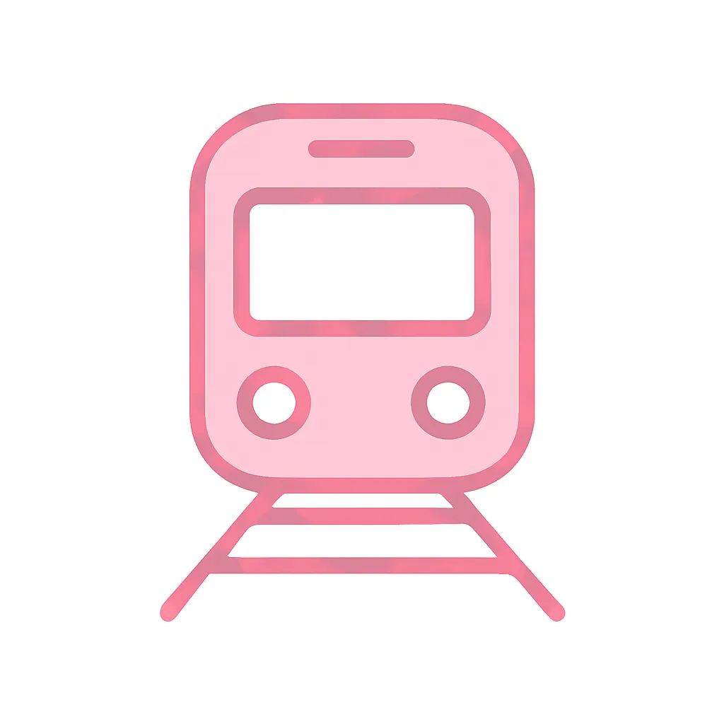 ピンクかわいい電車アイコン｜正面から見た電車をベースに、シンプルな窓やライトの配置で視認性高く仕上げたピンクアイコン。公共交通・通勤通学を表す用途やアプリUIにもおすすめのフラットデザインです。