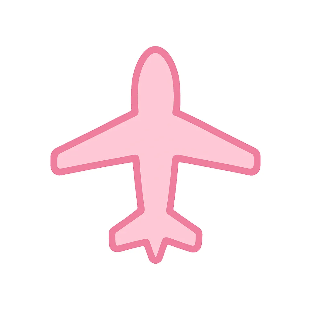 ピンクかわいい飛行機アイコン｜真上から見た飛行機のシルエットをピンクで描いたミニマルなアイコン。翼と尾翼のバランスが整っており、旅行・移動・航空関連の印象づけに活躍する上品で軽やかなモチーフです。