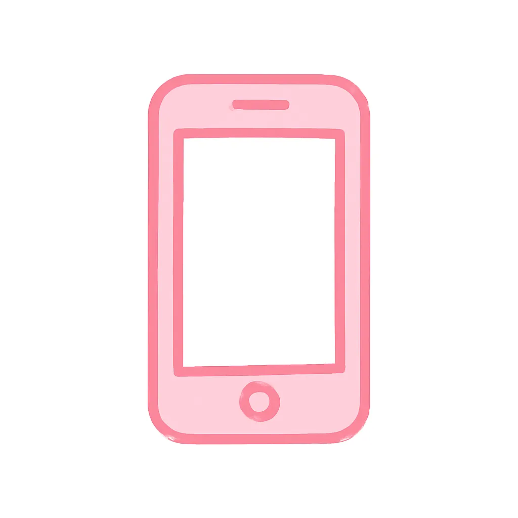 ピンクかわいいスマートフォンアイコン｜正面から見たスマートフォンの形をシンプルに描き、やさしいピンクトーンでまとめたアイコン。画面の四角形とホームボタンを基調に、アプリUIや連絡手段を象徴するマークとして活躍します。