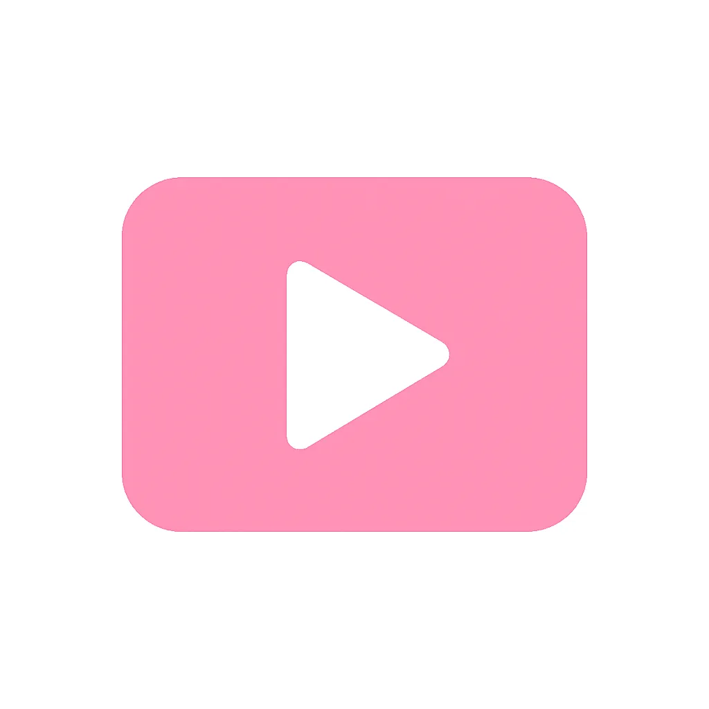 ピンクかわいい動画アイコン｜再生ボタンを中央に配置したシンプルなピンクの動画アイコン。記号的な三角形で動画やムービーを直感的に伝え、メディア関連や資料のアクセントにも使えます。