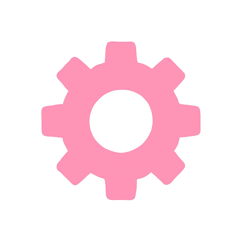 ピンクかわいい歯車アイコン｜ギザギザの形状で構成されたピンクの歯車モチーフ。設定や管理を示す場面にぴったりで、機械的すぎずやわらかい印象に仕上げたデザインです。