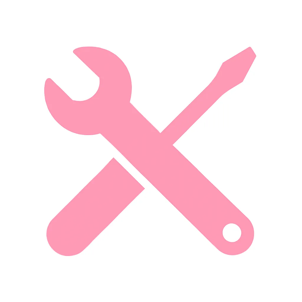 ピンクかわいいツールアイコン｜レンチやドライバーなどのシルエットをピンクで構成したツールアイコン。メンテナンスや編集を示す場面に使いやすく、整ったバランスのデザインです。