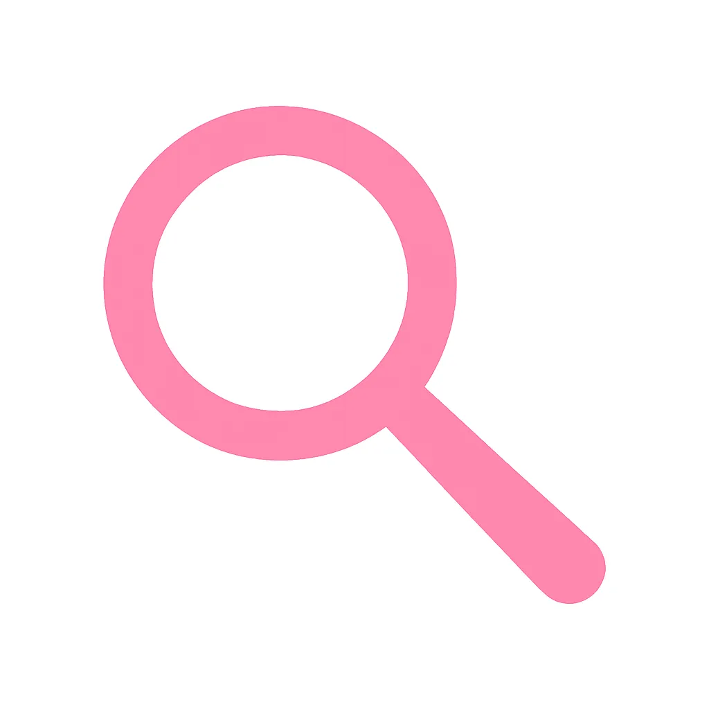 ピンクかわいい虫眼鏡アイコン｜円形のレンズと持ち手だけで構成されたピンクの虫眼鏡アイコン。検索や調査を表す記号的なデザインで、シンプルながら情報探索の雰囲気が伝わります。