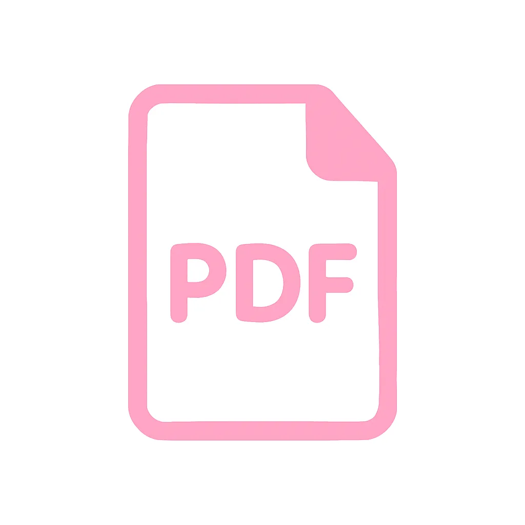 ピンクかわいいPDFアイコン｜紙の上に「PDF」表記を添えたファイル風のアイコン。親しみやすいピンクで文書保存やダウンロードボタンなどにぴったりです。