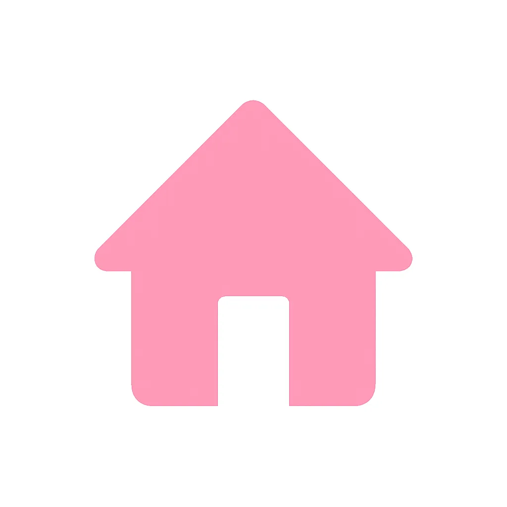 ピンクかわいい家アイコン｜三角屋根と四角い本体で構成された定番の家シルエット。住宅、生活、安心感を伝える場面に活用できます。