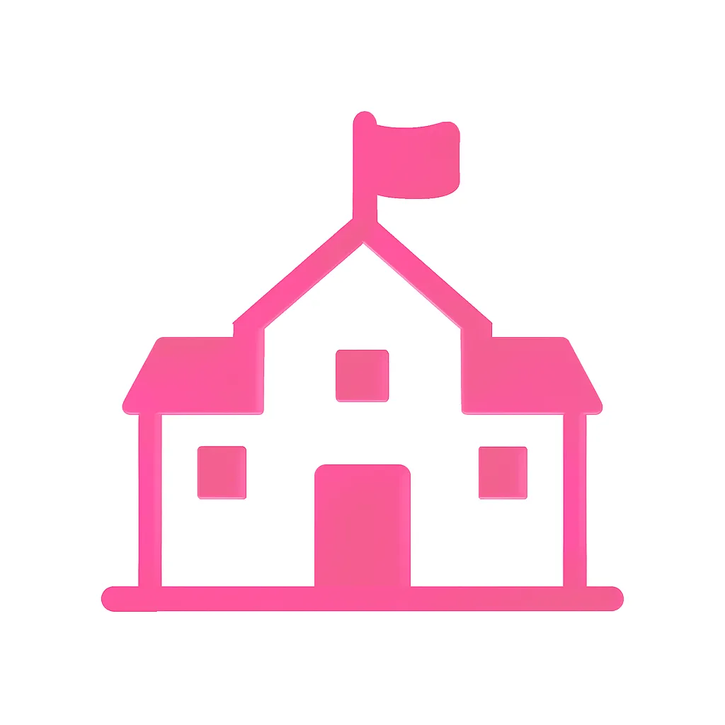 ピンクかわいい学校のアイコン｜校舎と旗を組み合わせた、学校らしさのあるピクトグラムです。入学案内や教育資料、マップ用アイコンとしても使いやすい、明快でフラットなデザイン。正方形構図で中央にしっかり収まるバランスです。