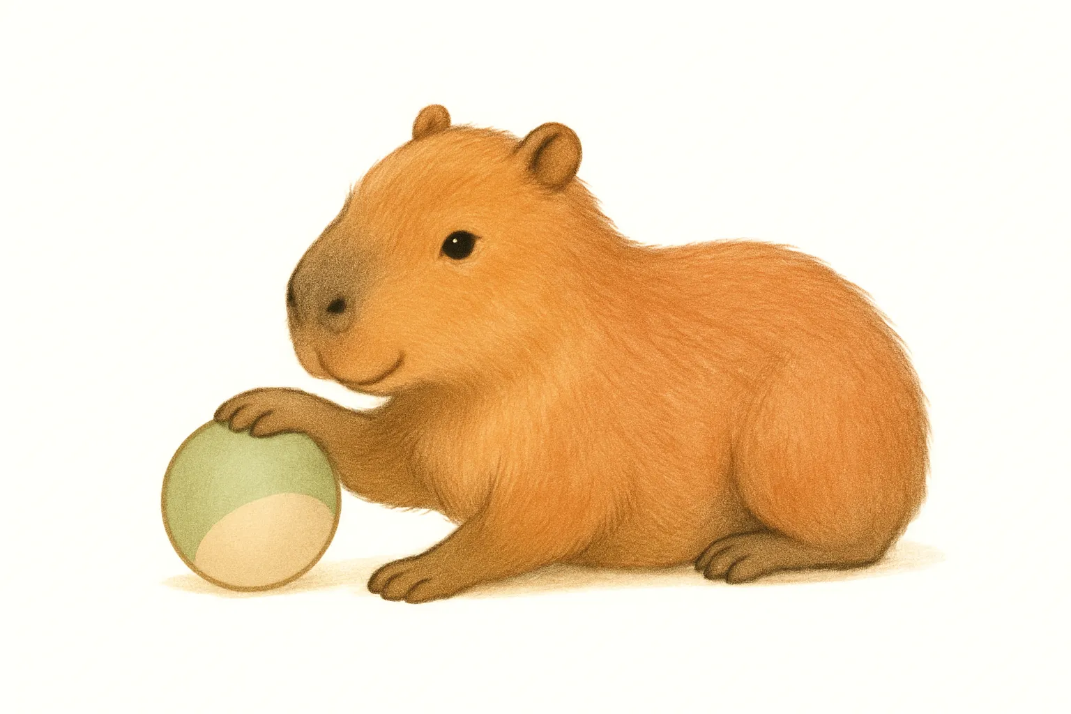 じゃれるかわいいカピバラ｜穏やかな目元とどっしりした体で、ボールを前足で押すゆったりしたポーズ。赤みがかったベージュの塗りをベースに、ラフな線で輪郭を柔らかく描写。丸みのある構図と脱力感で癒しの戯れ感を表現。