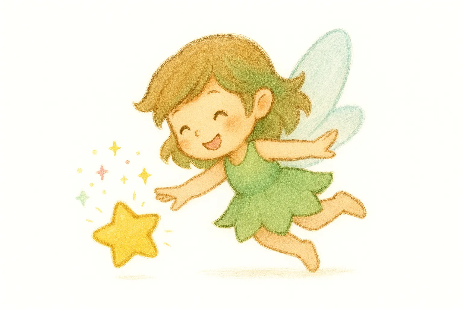 じゃれるかわいい妖精｜小さな手足を広げて羽ばたく姿に、きらめきを追いかけるような動きが加わり、妖精らしい幻想的な遊び心を表現。水彩風の羽は半透明で色のにじみが繊細に描かれ、背景の白とのコントラストでふわっと浮かぶような印象に。