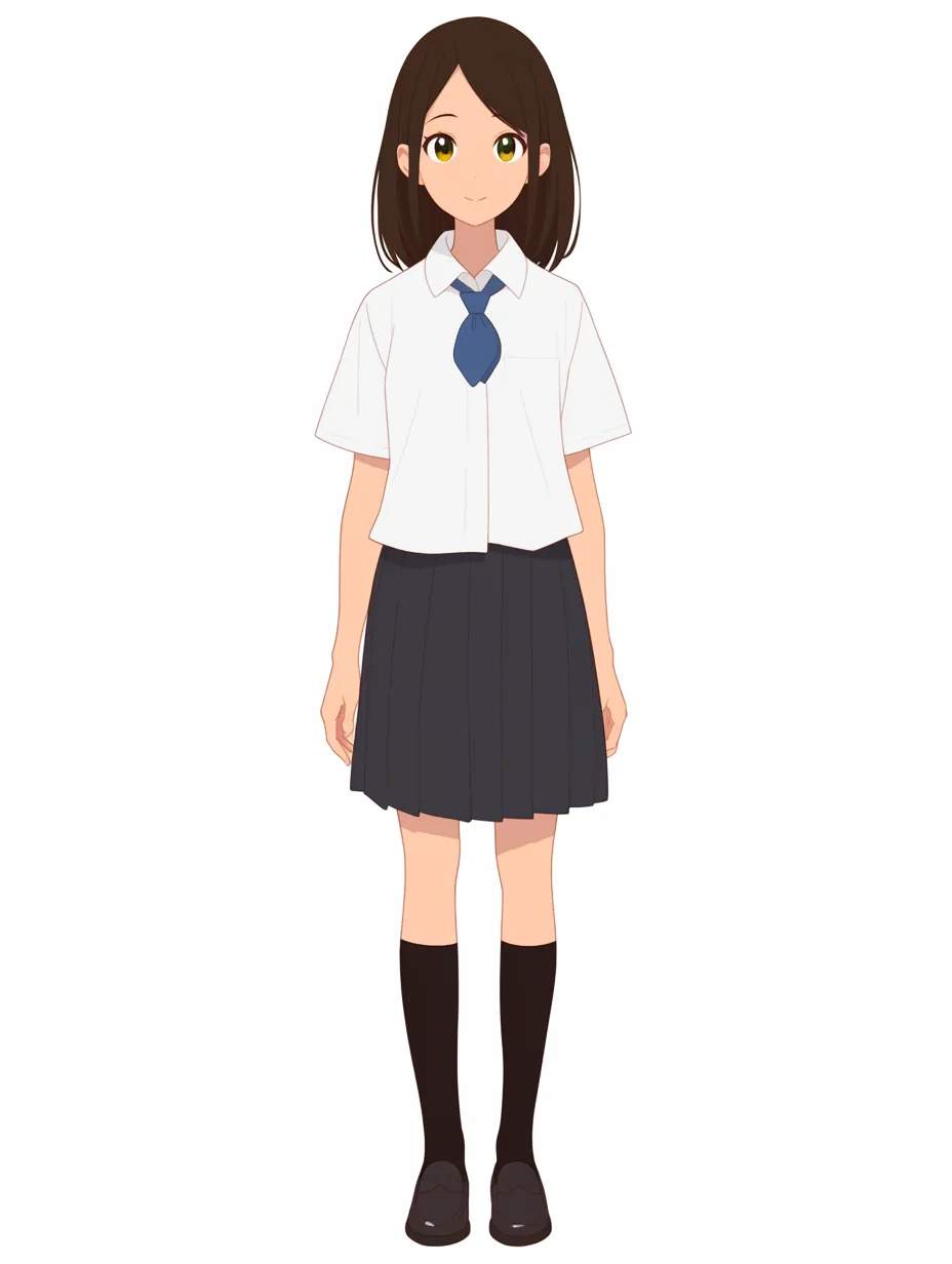 かわいい立ち絵：制服姿の少女｜王道のセーラー制服に素直な笑顔が映えるかわいい立ち絵。ピシッと揃えた立ち姿と控えめな表情が、清潔感と親しみやすさを同時に引き出しているのが特徴です。