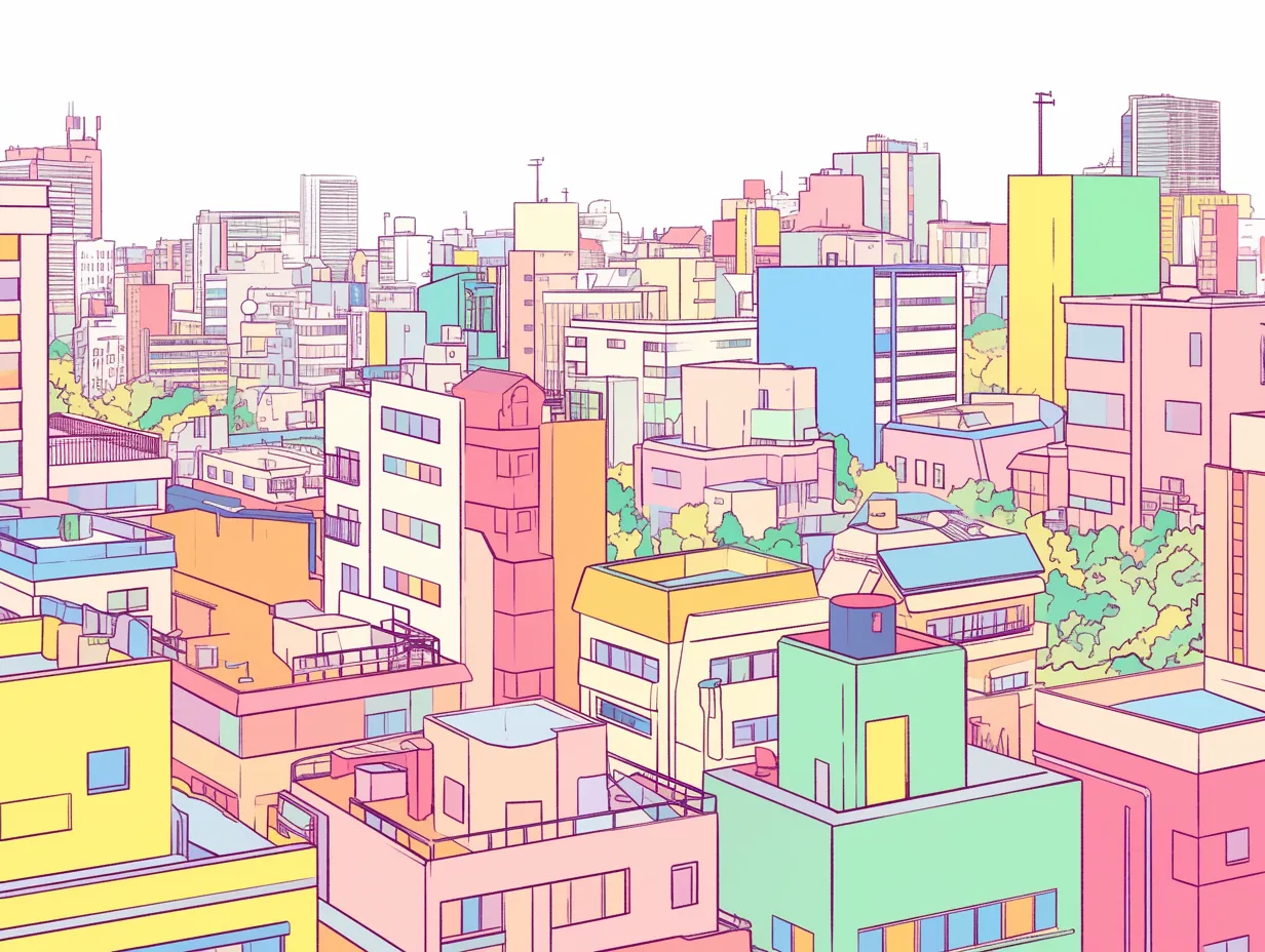 街並み俯瞰図2｜ビビッドな配色で構成された俯瞰図が、ポップで楽しげな街の雰囲気を生み出す。建物の線も均整がとれ、カラフルながらも情報の整理が行き届いた印象を与えてくれる。