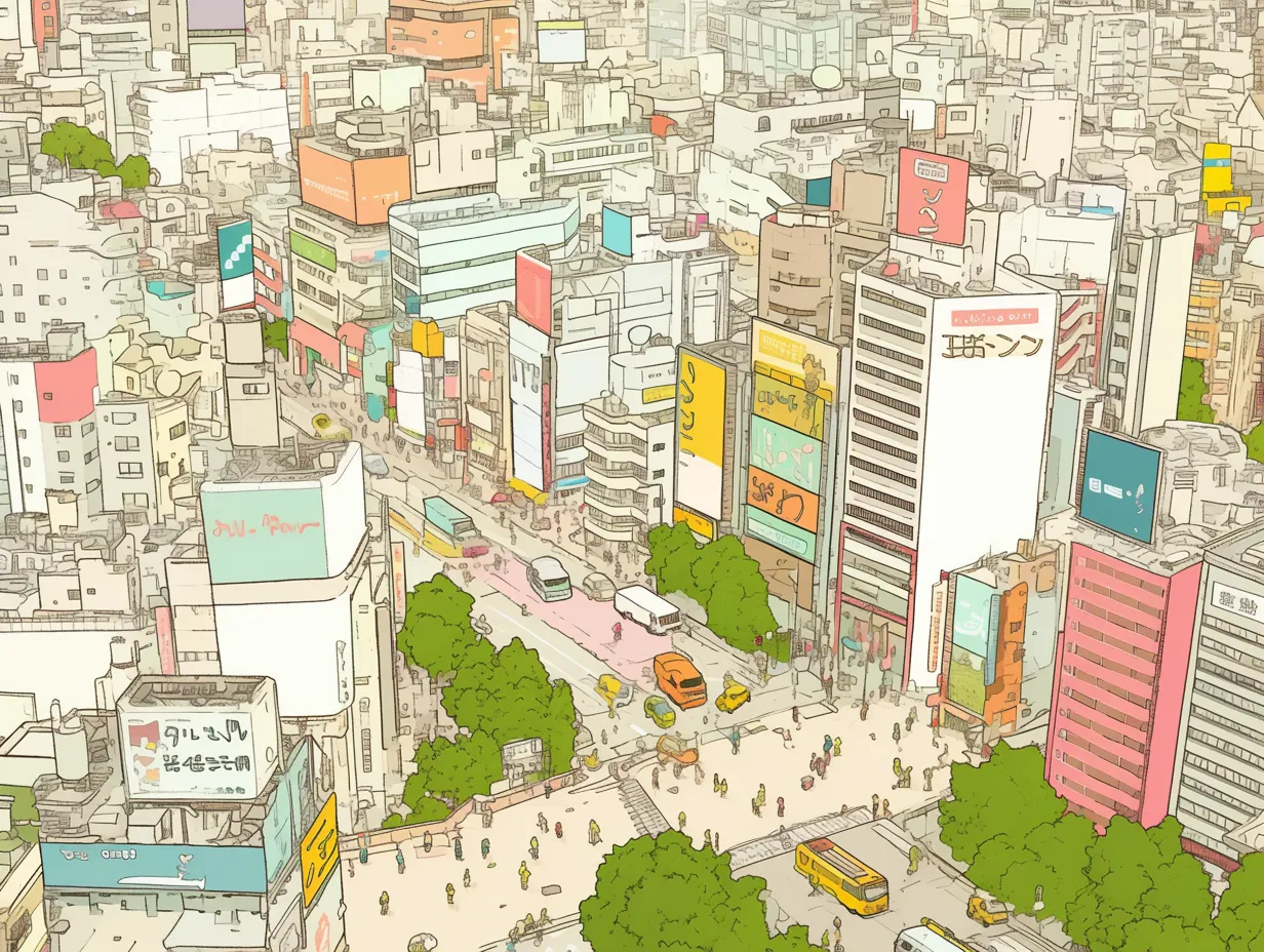交差点俯瞰図｜都市の日常を切り取った交差点の俯瞰図。人の流れや車の動きが細やかに描かれ、商業的なにぎわいと生活感が混ざり合ったリアルな空気をやさしい線と色で包み込んでいる。