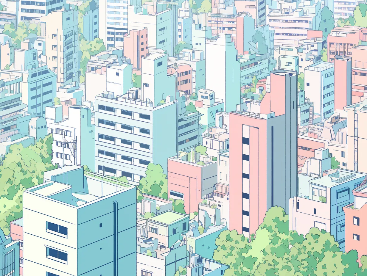 街並み俯瞰図4｜緑の面積が心地よいバランスで配置された俯瞰構図。建物の淡い配色と線の繊細さが、都会の中に残る静けさや穏やかな時間の流れを視覚的に表現しているのが特徴的。