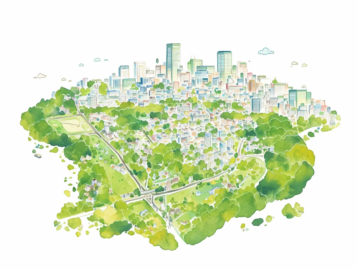 都市全景の鳥瞰図｜遠景の高層ビルから手前の住宅地まで、絵本のような優しいタッチで構成された鳥瞰図。水彩のにじみが街全体をふんわり包み込み、のどかな時間を感じさせる。