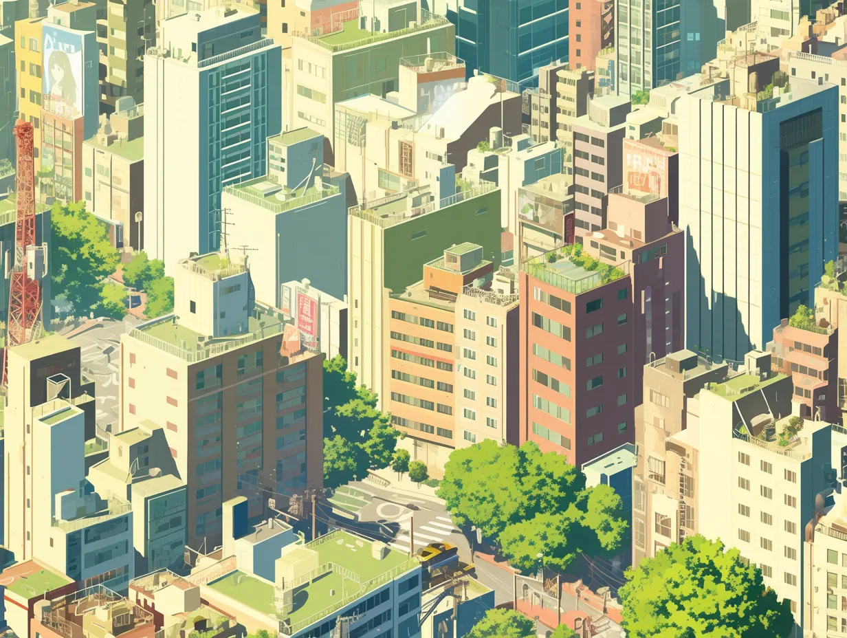 日差しの街鳥瞰図｜光と影が交差する都会の午後を捉えた鳥瞰図。ビル群の立体感が印象的で、光を受けた壁面が各建物の存在感を際立たせる構成となっている。