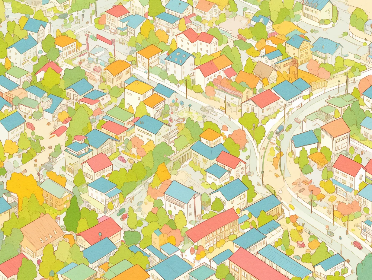 カラフルな鳥瞰図｜色鉛筆のような線と色で描かれた明るい住宅地の鳥瞰図。家々の屋根の色使いに統一感があり、全体を軽やかにまとめた構成がかわいらしい印象を強めている。