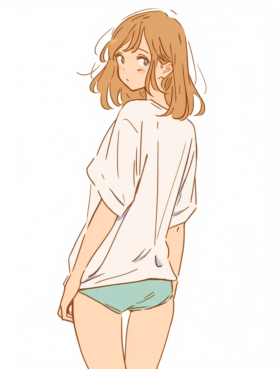振り返るポーズの少女｜オーバーサイズのTシャツとすらりとした脚の対比が魅力の振り返るポーズ。髪の流れや表情にふわりとした柔らかさが漂い、気配に反応した一瞬が描かれている。