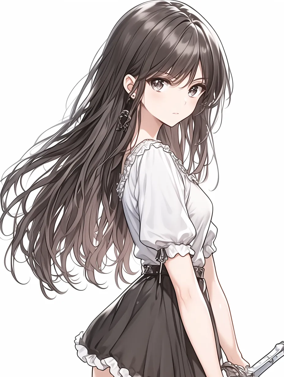振り返るポーズの少女剣士｜長い髪が風に揺れるような動きと、鋭く見つめ返す眼差しが印象的な振り返るポーズ。衣装の黒が意志の強さを引き立て、構図全体に緊張感が宿っている。