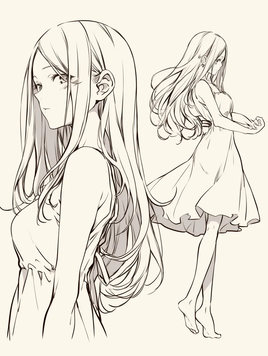 振り向くポーズの少女｜長く流れる髪とドレスのやわらかい動きが、静けさの中に感情の揺らぎを感じさせる振り向くポーズ。二面構成が表情と全身の印象を両立して見せている。