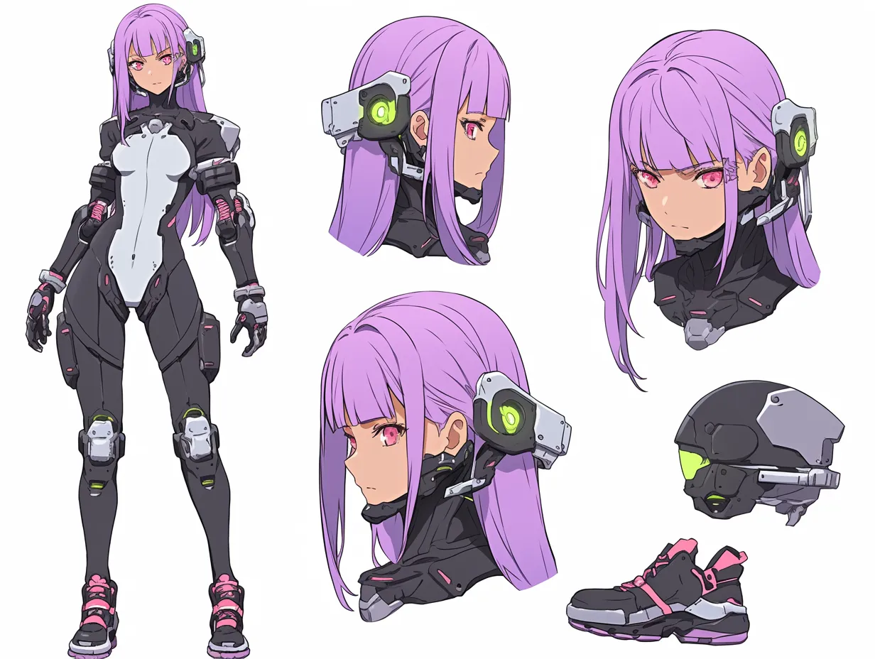 ゲーム立ち絵：戦闘スーツの少女｜全身スーツの硬質な質感と精密なメカパーツが際立つゲーム立ち絵。差分の髪型やヘッドギアの描き分けでSF感が引き立ちます。