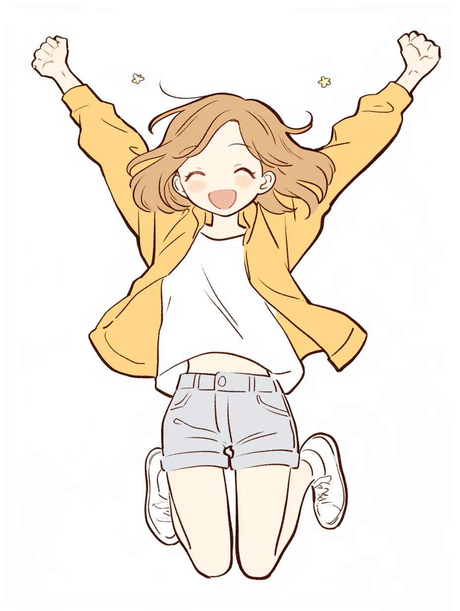 両手を上げるポーズジャンプ｜両手を上げながらジャンプした元気な女子。服のはためきや髪の動きがポーズに勢いを加え、喜びが全身にあふれて見える構成。