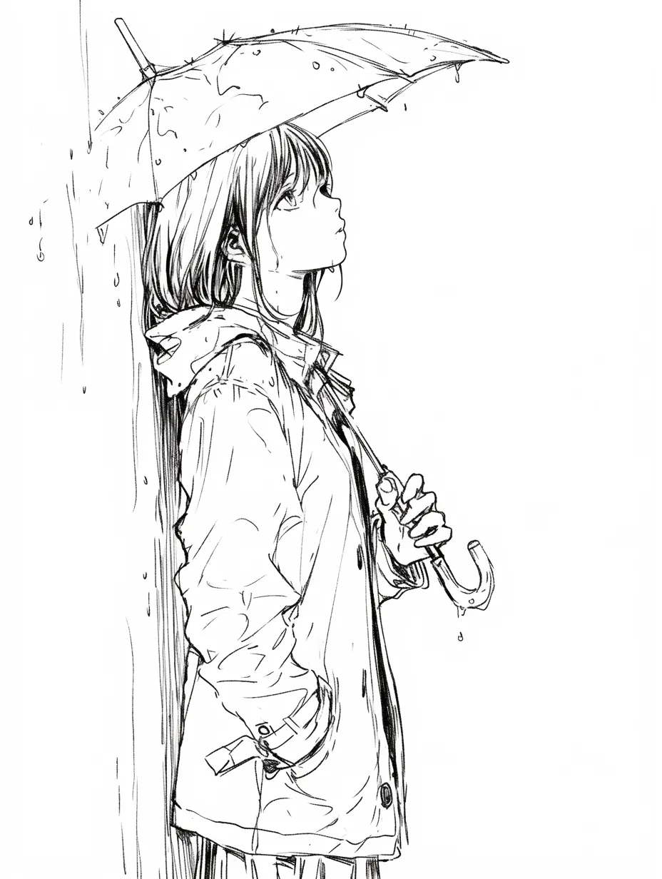 壁に寄りかかるポーズ・雨宿り｜傘を差しながら壁に寄りかかるポーズの女子。濡れた髪や服の細部に、雨の質感と空気感がリアルに描き込まれている。