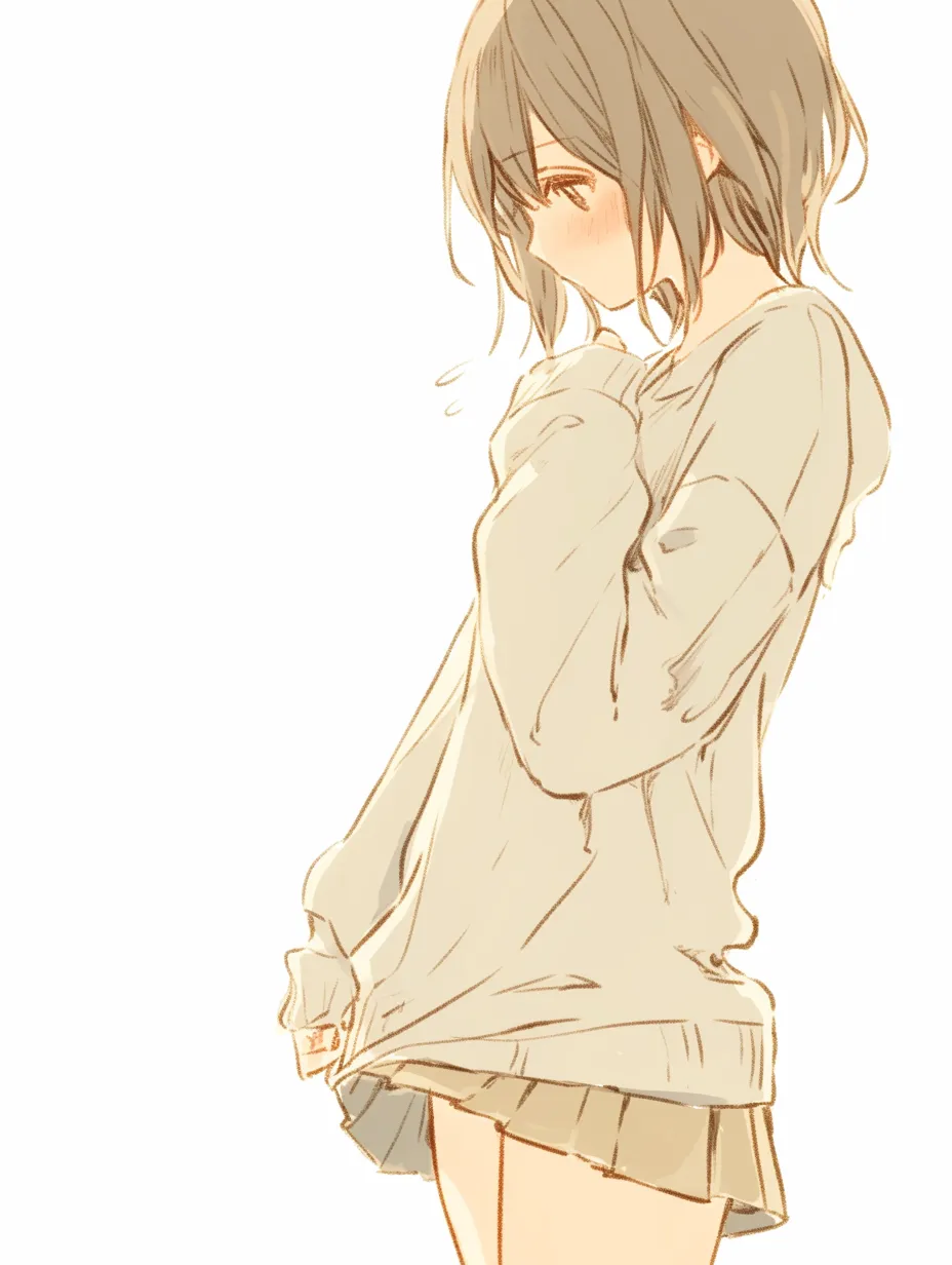 自分の服を掴む照れ｜袖口をぎゅっと掴む指先に、緊張と照れの感情が込められている。視線を落としながら服の裾を引っ張る仕草は、少女らしい可憐さと繊細な心の動きをやわらかな線で表している。