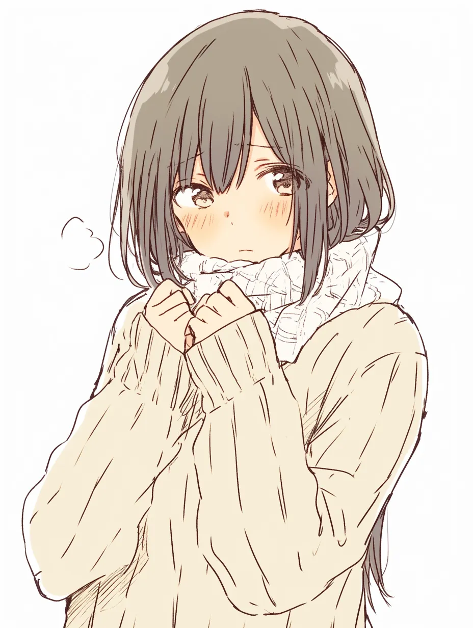 自分の服を掴む寒さ｜両手で服を握り込むように自分の体を包むポーズは、寒さだけでなく心の奥の不安も感じさせる。手元の小さな動きと吐息の演出が、温もりを求めるような少女の想いを優しく映し出す。