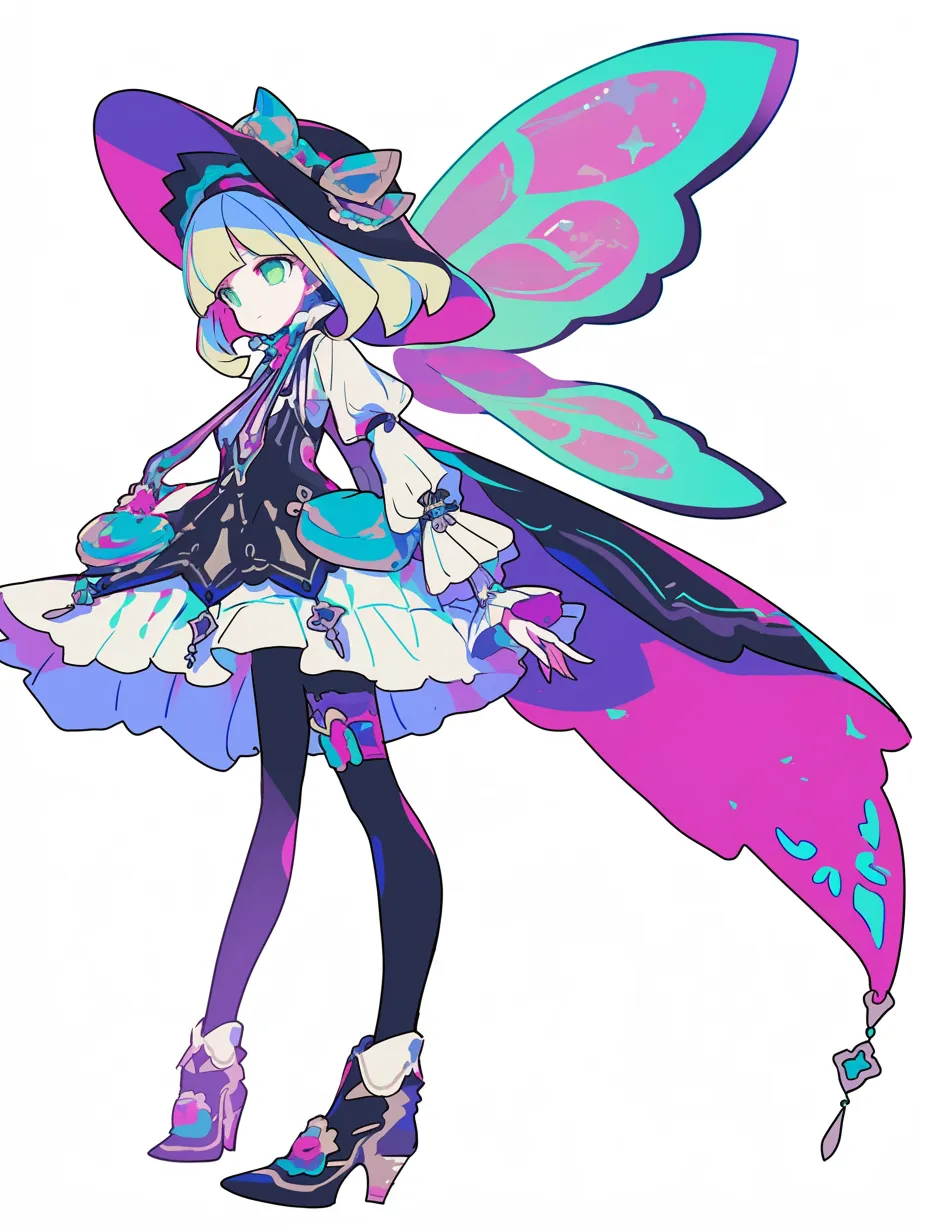 キャラ立ち絵：妖精魔女｜極彩色の羽とハットが幻想的なキャラ立ち絵。蛍光カラーで統一された配色と独特なシルエットが、ファンタジックな存在感を強調しています。