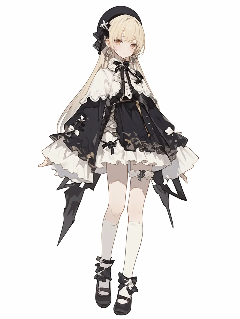 キャラ立ち絵：ゴシック少女｜黒と白を基調にしたドレスと精巧なリボン装飾が目を引くキャラ立ち絵。落ち着いた表情と繊細なディテールが静かな美しさを演出しています。