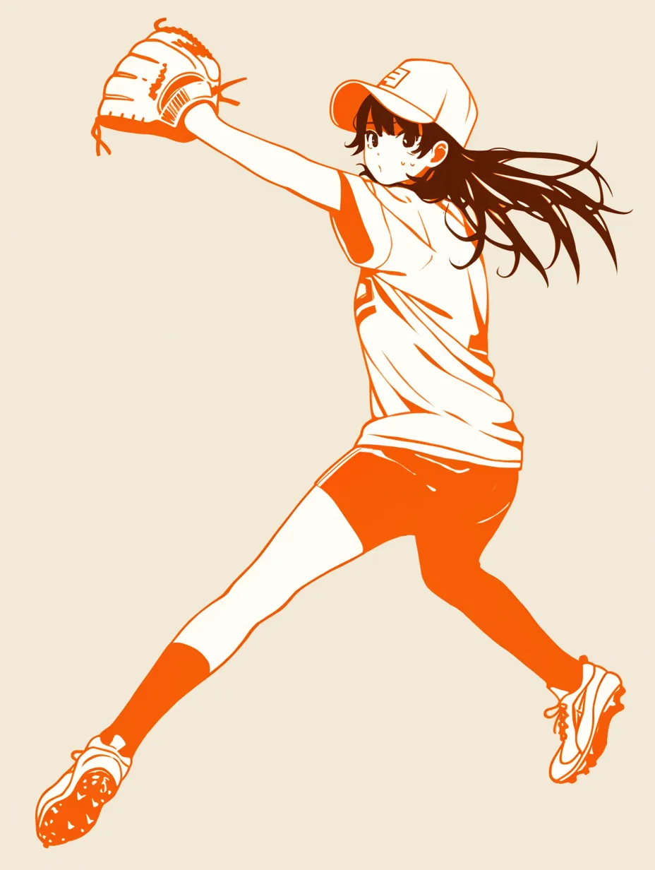 投げるポーズの一瞬｜脚の蹴り上げと髪のなびきが一瞬のスピード感を描き出す投げるポーズ。背景がなくても動きが伝わる構成が魅力。