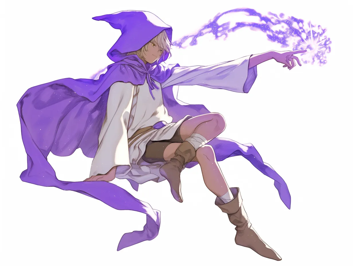 魔法使いポーズの浮遊｜座ったまま魔法を繰り出す構図が個性的な魔法使いポーズ。ケープの広がりが空中での浮遊感を強調している。