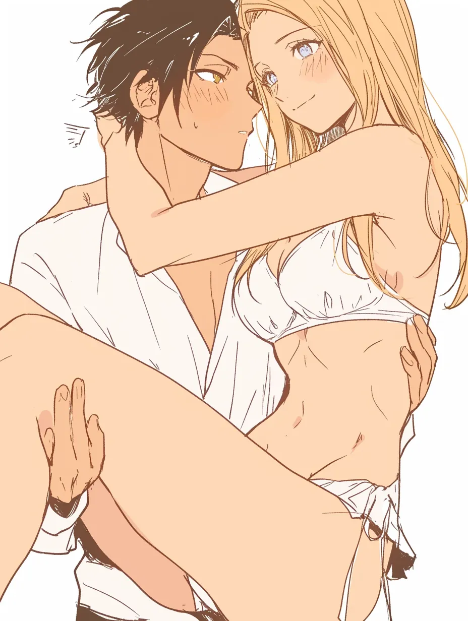 お姫様抱っこでドキドキ｜密着した体勢と見つめ合う視線が、緊張感とときめきを伝える。お姫様抱っこ特有の手の位置や目線が、感情の動きをより鮮明にしている。