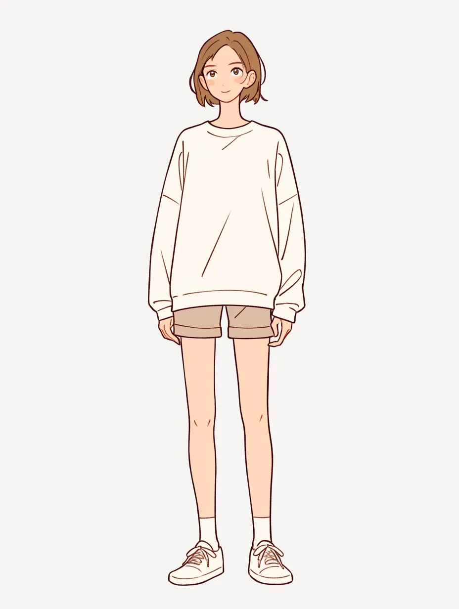 かわいい立ち絵：ゆるだぼ女子｜オーバーサイズのトレーナーとショートパンツが絶妙なバランスで映えるかわいい立ち絵。ラフな服装と自然体のポーズが、飾らない魅力をそのまま切り取ったような印象です。