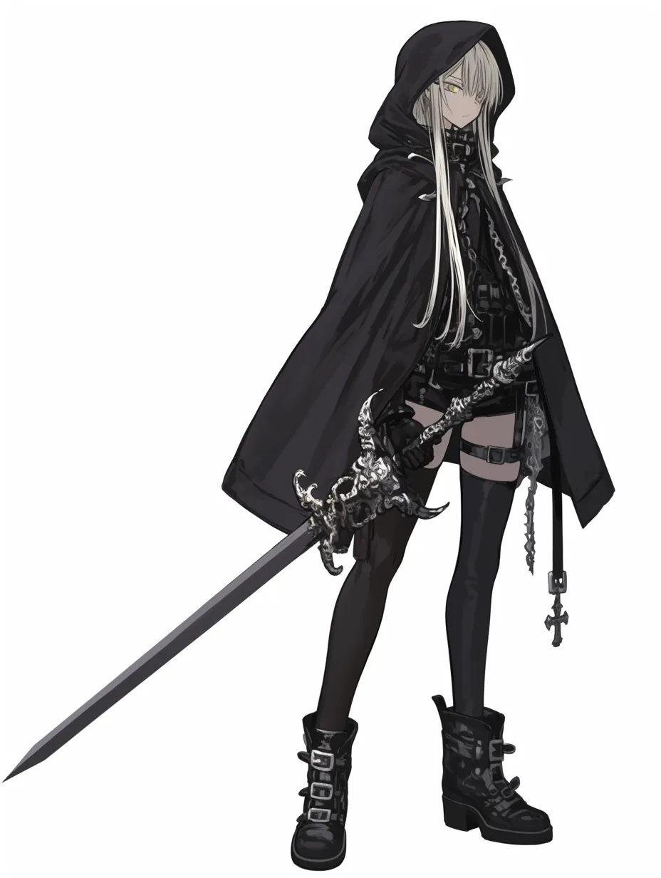 キャラ立ち絵：黒衣の暗殺者｜フードで顔を隠し、鋭い視線と漆黒の剣が緊張感を漂わせるキャラ立ち絵。装飾控えめな構成が、影のような存在感を際立たせます。
