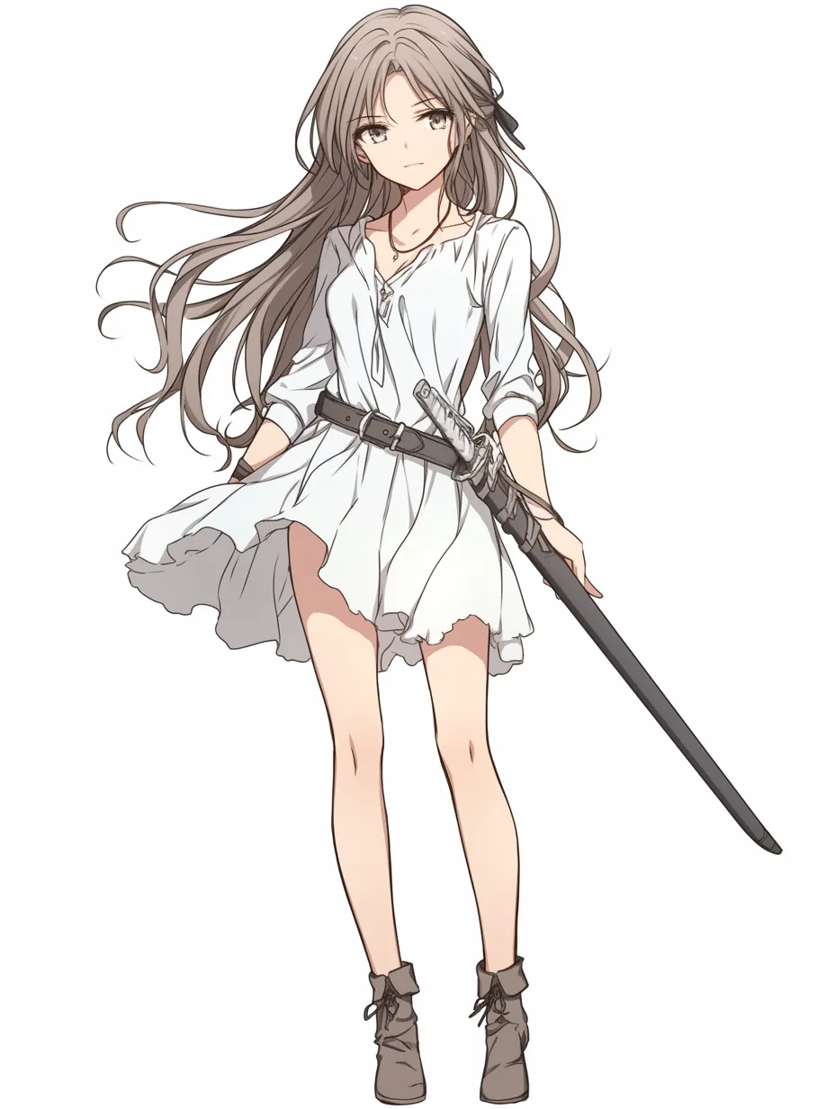 キャラ立ち絵：剣と白ワンピ｜風になびく白ワンピと無表情な横顔が印象的なキャラ立ち絵。ゆるやかな髪の流れと腰の剣が、儚さと強さを同時に漂わせています。