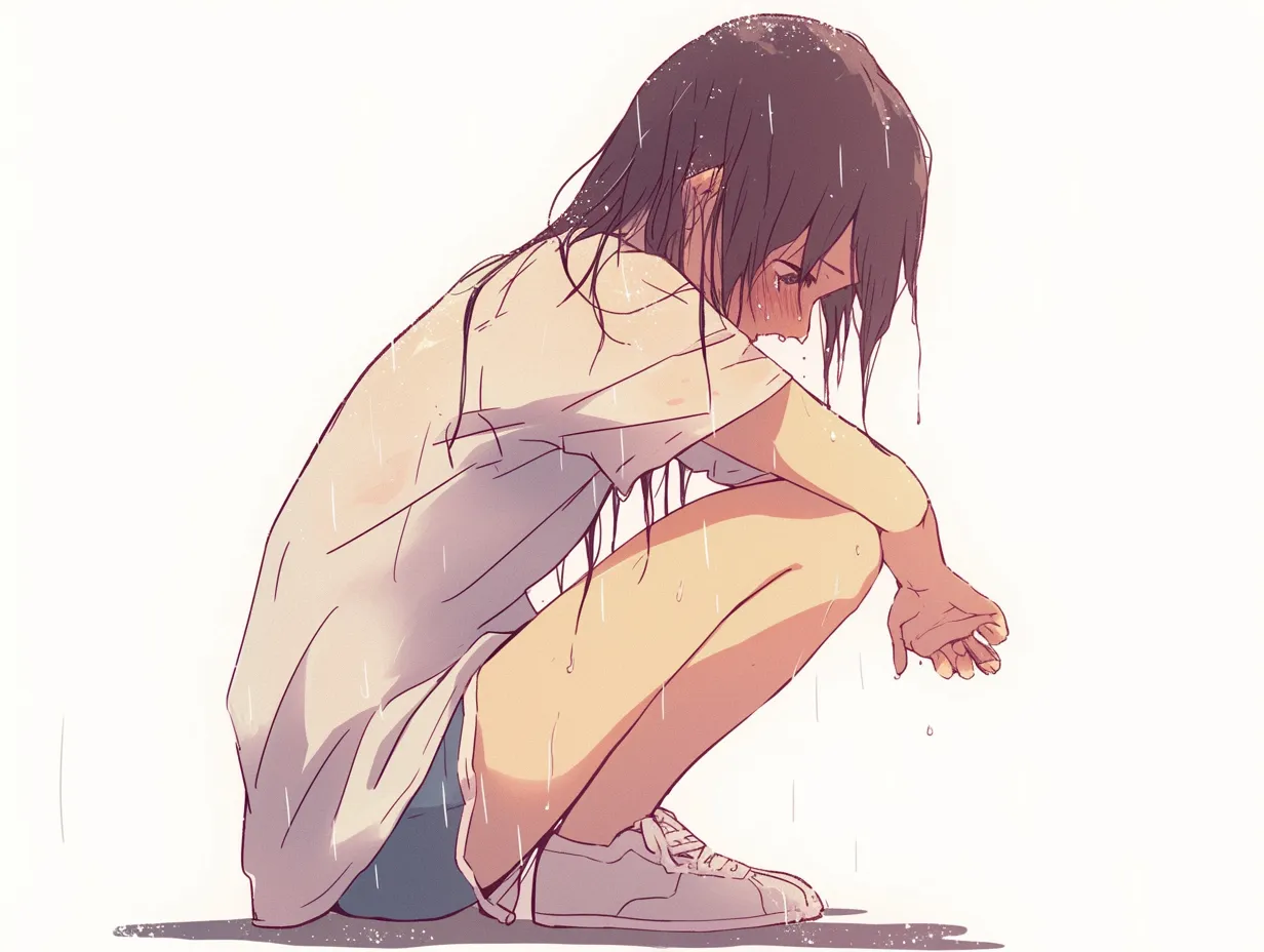 うずくまるポーズと雨の中で｜びしょ濡れの状態でうずくまるポーズを取る姿が、孤独や諦めの空気を生んでいます。下がった視線と丸めた背中、ぽたぽたと落ちる雨が内面の沈黙をより深く感じさせます。